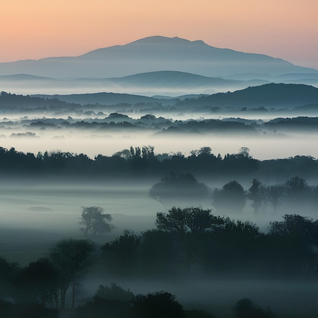 Photo soft mist envelops the landscape in a tranquil morning haze for social media post size