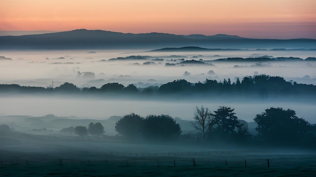 Photo soft mist envelops the landscape in a tranquil morning haze