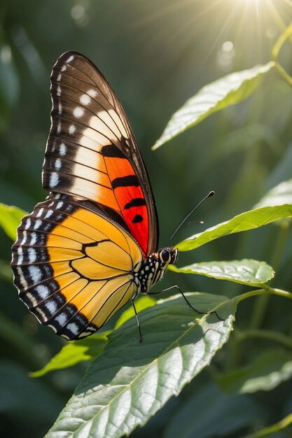 Мягкий утренний солнечный свет, проникающий через листья, бросает теплый свет на бабочку, когда она сидит.
