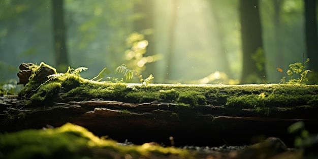 Soft moss covers an ancient log in a mystical sunlightfiltered forest