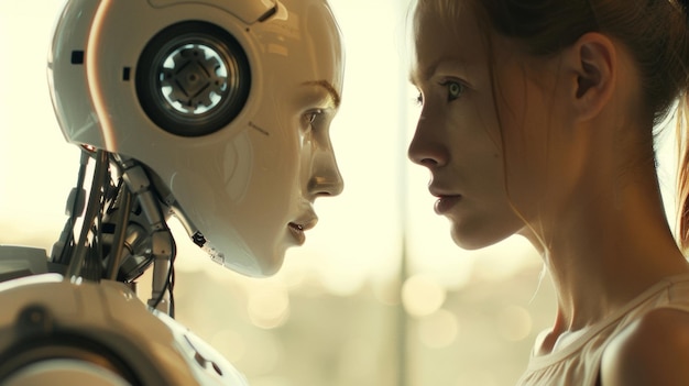 Soft music plays in the background as a woman interacts with a robot that appears to be listening