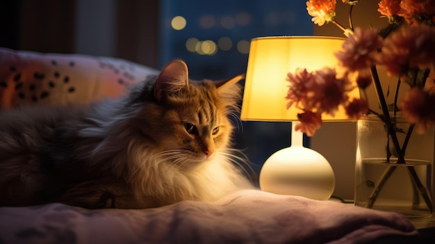 Photo soft night light in a serene and dark room a catshaped night lamp on a nightstand offers a warm and gentle glow for a peaceful night's sleep