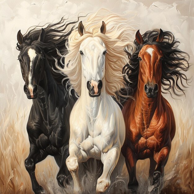 soft oil painting of a white arabian horse black friesian horse brown palomino horse