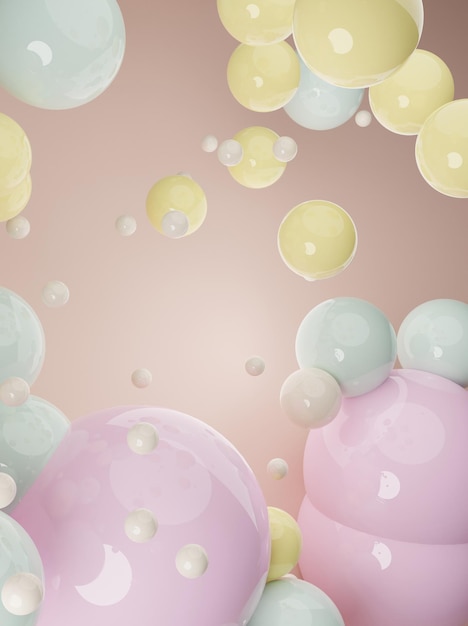 Soft pastel pink palette abstract 3D render of dynamic abstract glossy spheres background for mockups,flat lay designs and templates with copy space for text.Dynamic wallpaper with balls or particles