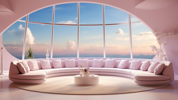 柔らかいパステル色の円形のソファは 垂直の白い線と反射的な床を持つ 超現実的な空をテーマにした部屋を中心にしています