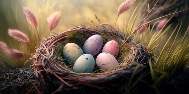 Soft pastelcolored Easter eggs in a nest of grass Generative AI