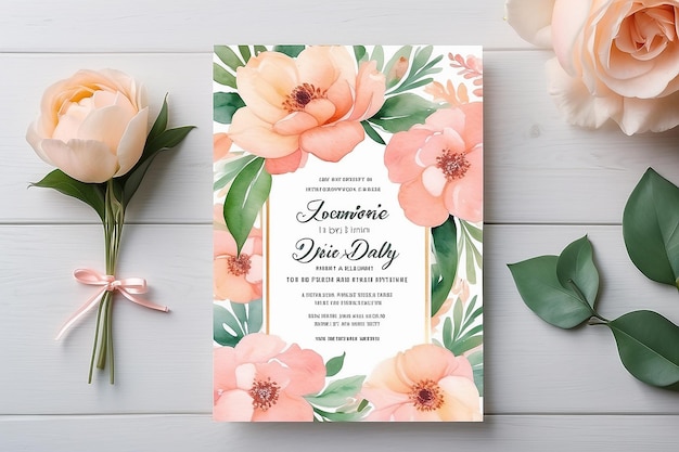 Soft peach pink pastel watercolor floral birthday invitation template