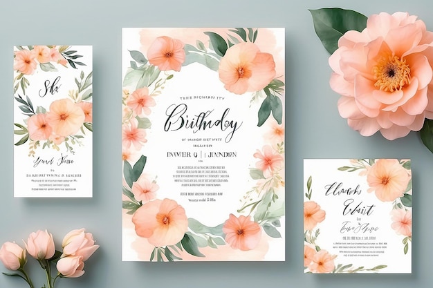 Photo soft peach pink pastel watercolor floral birthday invitation template