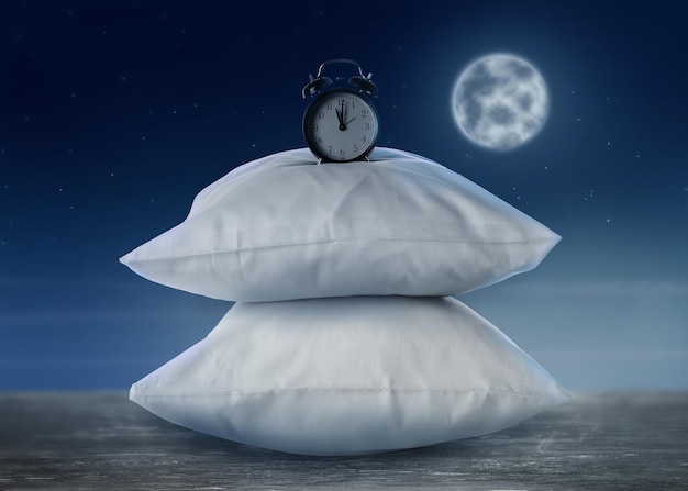 soft pillows and alarm clock on grey table against night sky with full moon insomnia