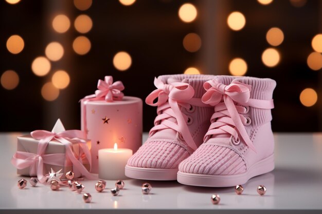 Soft pink canvas features baby socks inviting warm wishes for a newborns joyous arrival