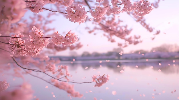 写真 柔らかいピンクの桜の花は 細な枝にぶら下がって 下の静かな湖に向かって伸びています