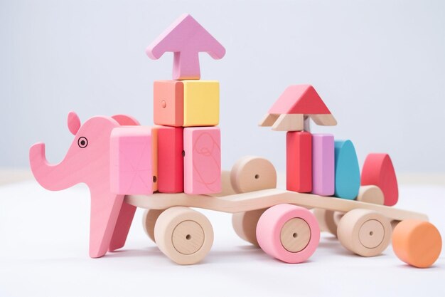 Soft pink and colorful round wooden construction blocks shapes elephant for building a childrens toy