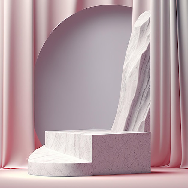 Soft pink fabric on the wall as a background for a stone pedestal for product display 3d illustration