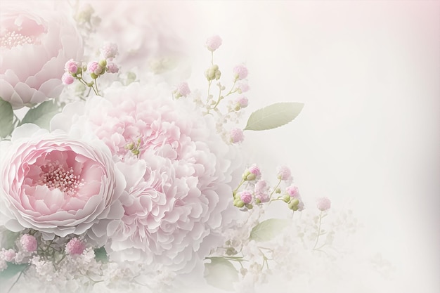 結婚式の背景に柔らかいピンクの花。バレンタインデーの花の背景。 AI生成