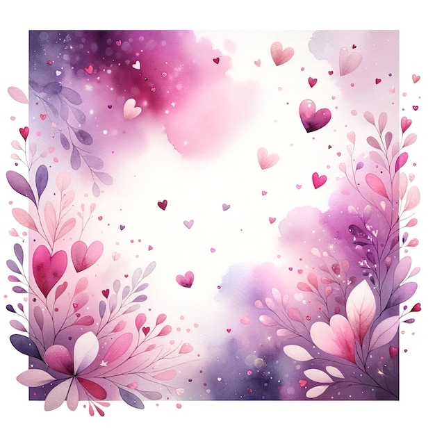  ⁇ 런타인 소셜 포스트를 위한 부드러운 핑크  ⁇ 프 보라색 수채화 떠다니는 심장 콘페티