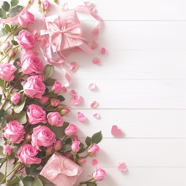 写真 ソーシャル・メディア・ポスト・サイズ用の白い木製のテーブルに柔らかいピンクのバラとギフトボックス
