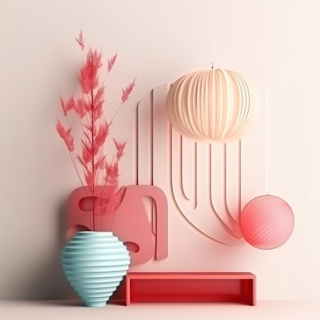 Soft pink studio background with vases and lights