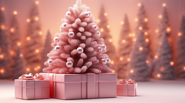 나무 아래 소프트 핑크 표면 크리스마스 선물 상자