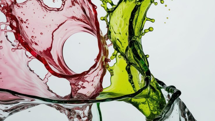 Photo soft pink and vivid lime green water splashes create dynamic abstract shapes