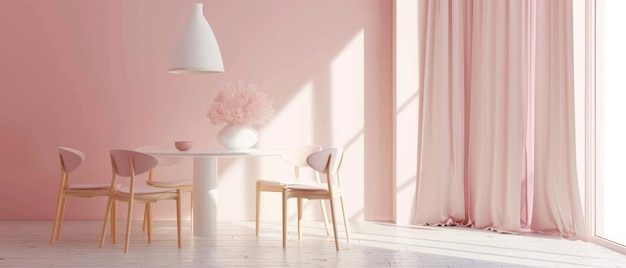 Мягкие розовые стены дополняют простую элегантность минималистской столовой.