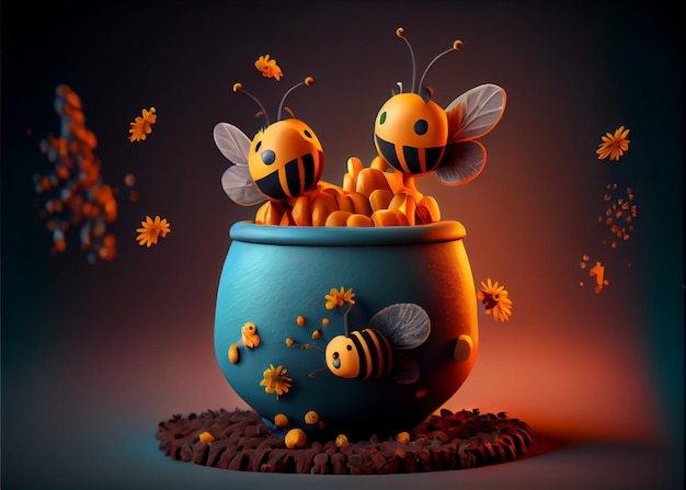 Soft pop style Bees and cup with honey AI Generated