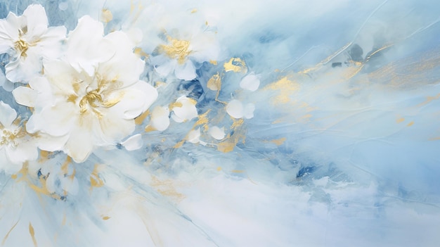 Soft Powder Blue and White colors with gold glitter Marble texture Soft focus floral painting