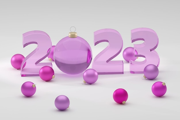 ソフトパープルガラススタイルのクリスマスムードサイン2023モダンミニマルニューイヤーコンセプト3Dレンダリングイラスト