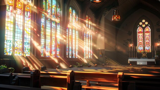 Photo soft rays of light filter through the stained glass casting a cheerful and ethereal glow onto the