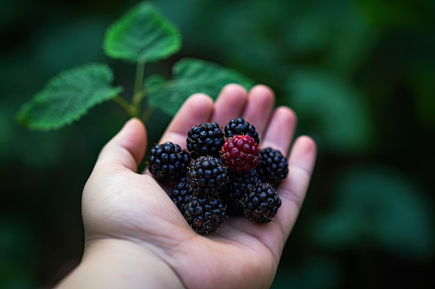 Soft ripe blackberry in hand showing off seeds generative IA