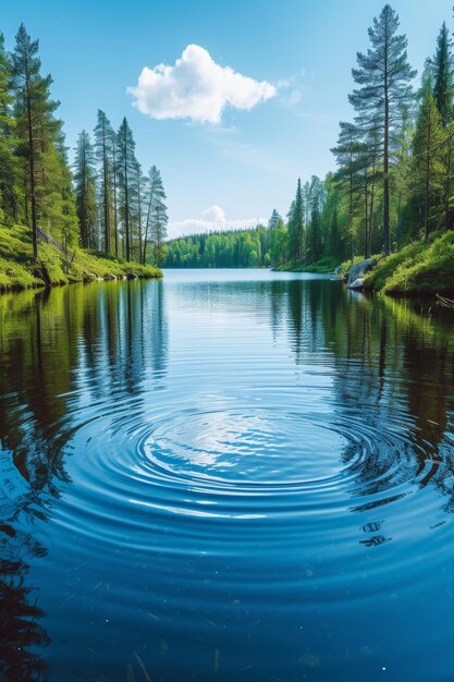 Soft ripples on a peaceful lake reflecting a tranquil forest under a clear blue sky