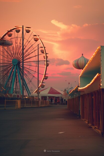 Photo soft and serene sunset's glow over the desaturated coney island fairgrounds