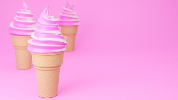 Soft serve ice cream of strawberry and milk flavours on crispy cone