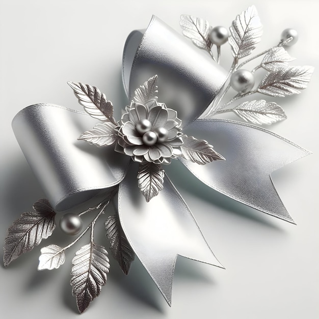 写真 白い背景に隔離された柔らかい銀のプレゼントの弓