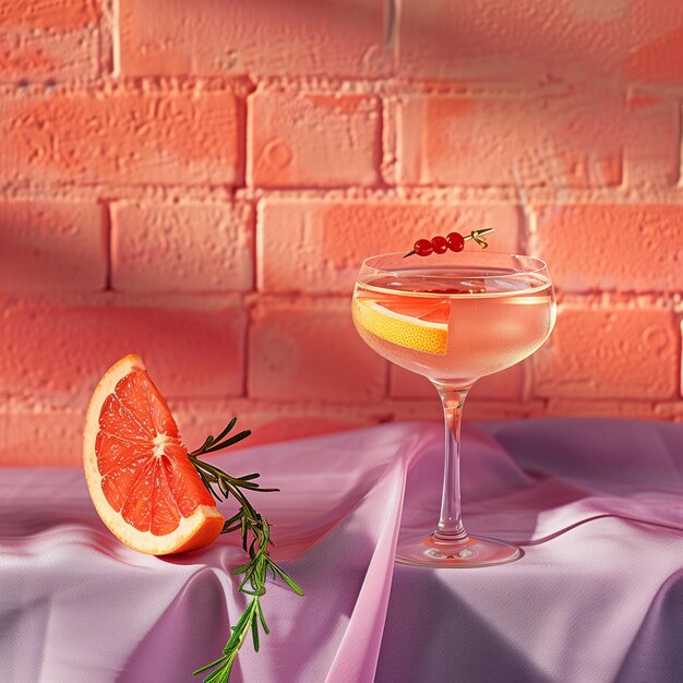 Photo soft sunset glow on elegant pink grapefruit cocktail with a sprig of rosemary