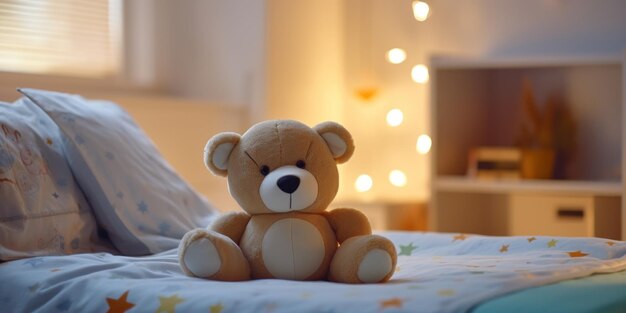 Photo soft teddy bear on starprint bedspread in kid bedroom cozy children room plush teddy bear sitting on