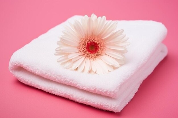 Soft terry towel with red gerbera and white orchid flower buds on pink background
