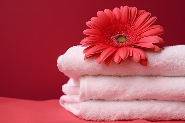 Soft terry towel with red gerbera and white orchid flower buds on pink background