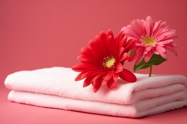 Soft terry towel with red gerbera and white orchid flower buds on pink background