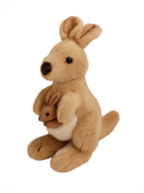 Мягкая игрушка мама кенгуру с детенышем на белом фоне