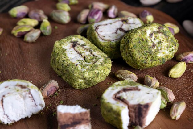 Soft Turkish delight confection with pistachio nuts and chocolate