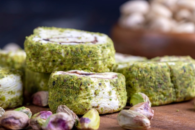 Soft Turkish delight confection with pistachio nuts and chocolate