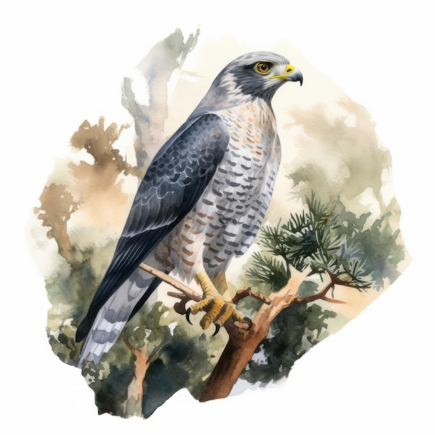 Soft Watercolor Illustration Of Eagle Levant Sparrowhawk In Nature