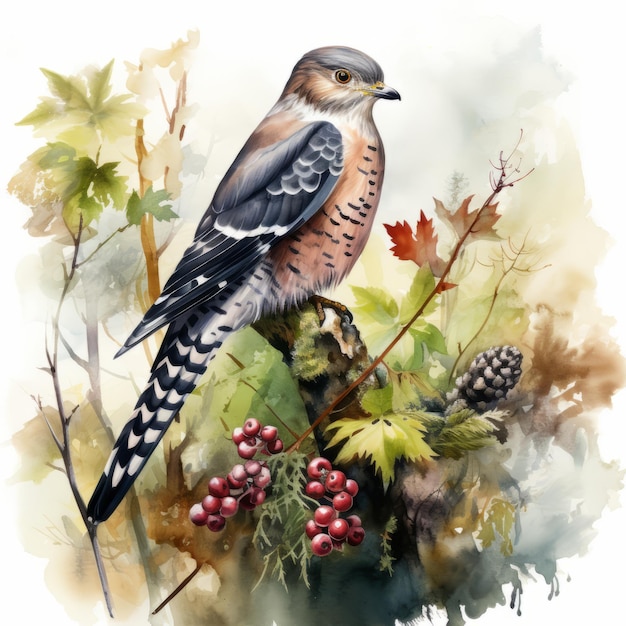 Soft Watercolor Illustration Of Woodpecker Levant Sparrowhawk In Nature