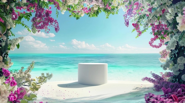 Soft white sand and crystal clear waters form the backdrop for this tropical podium with a canopy of