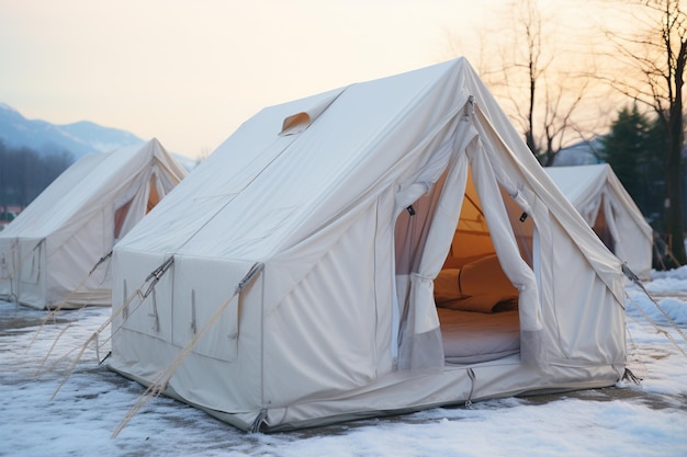 Soft winter focus on mountain resorts white camping tents for visitors