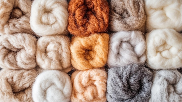 Photo soft wool fibers display in various colors for textile projects and crafts