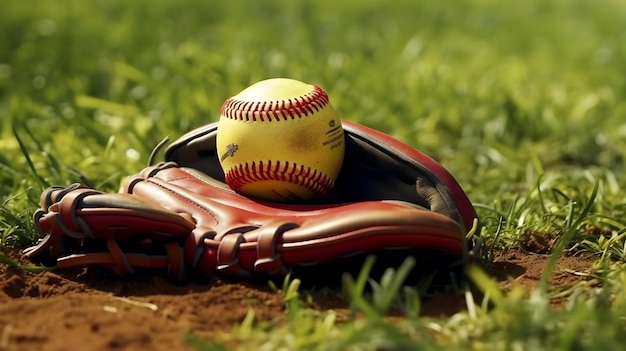 A softball nestled in a glove resting on the smooth infield grass