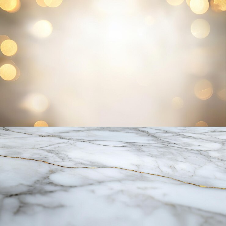 Photo a softfocus background of golden bokeh lights above a marble countertop creates an elegant and stylish ambiance