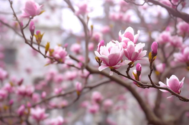 Softfocus bloeiende magnolia voor een dromerige achtergrond gemaakt met generatieve ai