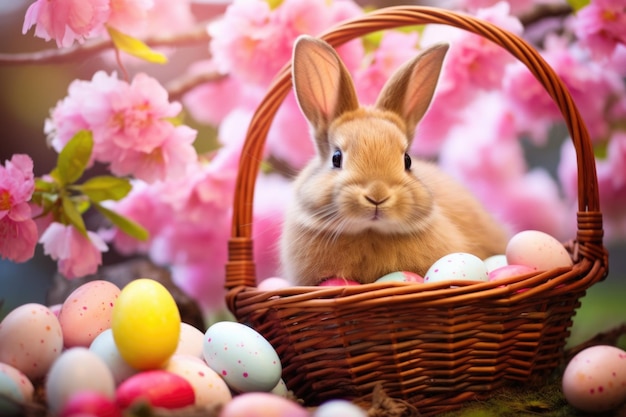 Softhued tranquility a rabbit amongst Easter eggs enveloped by blooming petals